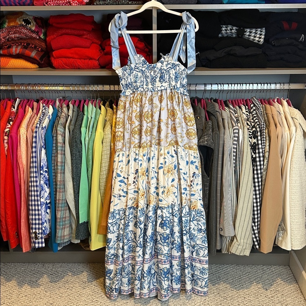 Unbranded blue/white/yellow print adjustable strap smocked maxi dress size S - Picture 2 of 2